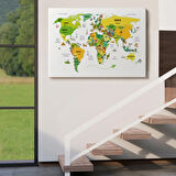 Ülke Başkent Sembollü Eğitici Türkçe Dünya Haritası Dekoratif Kanvas Tablo, Duvar Dekoru 2324