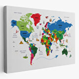 Ülke Başkent Sembollü Eğitici Türkçe Dünya Haritası Dekoratif Kanvas Tablo, Duvar Dekoru 2330