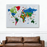 Ülke Başkent Sembollü Eğitici Türkçe Dünya Haritası Dekoratif Kanvas Tablo, Duvar Dekoru 2330