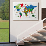 Ülke Başkent Sembollü Eğitici Türkçe Dünya Haritası Dekoratif Kanvas Tablo, Duvar Dekoru 2330