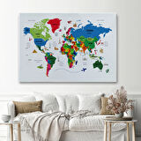 Ülke Başkent Sembollü Eğitici İngilizce Dünya Haritası Dekoratif Kanvas Tablo, Duvar Dekoru 2331