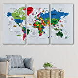 Ülke Başkent Sembollü Eğitici İngilizce Dünya Haritası Dekoratif Kanvas Tablo, Duvar Dekoru 2331