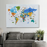 Ülke Başkent Sembollü Eğitici Türkçe Dünya Haritası Dekoratif Kanvas Tablo, Duvar Dekoru 2334