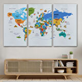 Ülke Başkent Sembollü Eğitici Türkçe Dünya Haritası Dekoratif Kanvas Tablo, Duvar Dekoru 2334