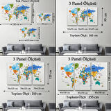 Ülke Başkent Sembollü Eğitici Türkçe Dünya Haritası Dekoratif Kanvas Tablo, Duvar Dekoru 2334
