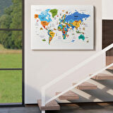 Ülke Başkent Sembollü Eğitici Türkçe Dünya Haritası Dekoratif Kanvas Tablo, Duvar Dekoru 2334