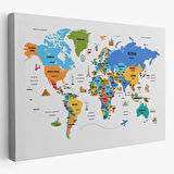 Ülke Başkent Sembollü Eğitici İngilizce Dünya Haritası Dekoratif Kanvas Tablo, Duvar Dekoru 2335