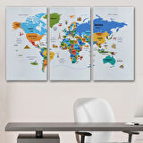 Ülke Başkent Sembollü Eğitici İngilizce Dünya Haritası Dekoratif Kanvas Tablo, Duvar Dekoru 2335