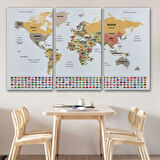 Ülke Bayraklı Eğitici Türkçe Dünya Haritası, Harita Dekoratif Kanvas Tablo, Duvar Dekoru 2380