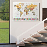 Ülke Bayraklı Eğitici Türkçe Dünya Haritası, Harita Dekoratif Kanvas Tablo, Duvar Dekoru 2380