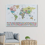 Ülke Bayraklı Eğitici İngilizce Dünya Haritası, Harita Dekoratif Kanvas Tablo, Duvar Dekoru 2385