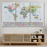Ülke Bayraklı Eğitici İngilizce Dünya Haritası, Harita Dekoratif Kanvas Tablo, Duvar Dekoru 2385