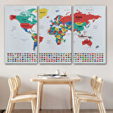 Ülke Bayraklı Eğitici İngilizce Dünya Haritası, Harita Dekoratif Kanvas Tablo, Duvar Dekoru 2393