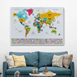 Ülke Bayraklı Eğitici Türkçe Dünya Haritası, Harita Dekoratif Kanvas Tablo, Duvar Dekoru 2394