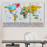Ülke Bayraklı Eğitici Türkçe Dünya Haritası, Harita Dekoratif Kanvas Tablo, Duvar Dekoru 2394