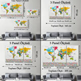 Ülke Bayraklı Eğitici Türkçe Dünya Haritası, Harita Dekoratif Kanvas Tablo, Duvar Dekoru 2394