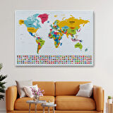 Ülke Bayraklı Eğitici İngilizce Dünya Haritası, Harita Dekoratif Kanvas Tablo, Duvar Dekoru 2395