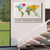 Ülke Bayraklı Eğitici İngilizce Dünya Haritası, Harita Dekoratif Kanvas Tablo, Duvar Dekoru 2395