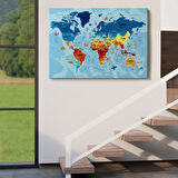 Sembollü ve Okyanuslu Eğitici İngilizce Dünya Haritası Dekoratif Kanvas Tablo, Duvar Dekoru 2423