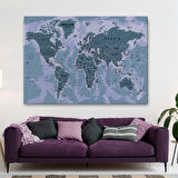 Detaylı ve Okyanuslu Eğitici İngilizce Dünya Haritası Dekoratif Kanvas Tablo, Duvar Dekoru 2513