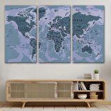 Detaylı ve Okyanuslu Eğitici İngilizce Dünya Haritası Dekoratif Kanvas Tablo, Duvar Dekoru 2513