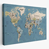 Okyanus Detay Eğitici Öğretici İngilizce Dünya Haritası Dekoratif Kanvas Tablo, Duvar Dekoru 2523