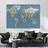 Okyanus Detay Eğitici Öğretici İngilizce Dünya Haritası Dekoratif Kanvas Tablo, Duvar Dekoru 2523