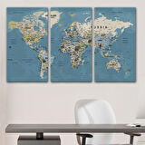 Okyanus Detay Eğitici Öğretici İngilizce Dünya Haritası Dekoratif Kanvas Tablo, Duvar Dekoru 2523