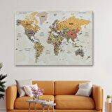 Detaylı ve Okyanuslu Eğitici Türkçe Dünya Haritası Dekoratif Kanvas Tablo, Duvar Dekoru 2524