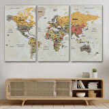 Detaylı ve Okyanuslu Eğitici Türkçe Dünya Haritası Dekoratif Kanvas Tablo, Duvar Dekoru 2524