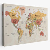 Okyanuslu Detaylı Eğitici İngilizce Dünya Haritası Dekoratif Kanvas Tablo, Duvar Dekoru 2531