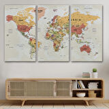 Okyanuslu Detaylı Eğitici İngilizce Dünya Haritası Dekoratif Kanvas Tablo, Duvar Dekoru 2531