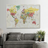Detaylı ve Okyanuslu Eğitici İngilizce Dünya Haritası Dekoratif Kanvas Tablo, Duvar Dekoru 2535