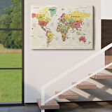 Detaylı ve Okyanuslu Eğitici İngilizce Dünya Haritası Dekoratif Kanvas Tablo, Duvar Dekoru 2535