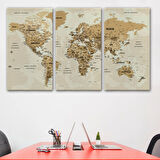 Detaylı ve Okyanuslu Eğitici Türkçe Dünya Haritası Dekoratif Kanvas Tablo, Duvar Dekoru 2544