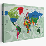 Detaylı ve Okyanuslu Eğitici İngilizce Dünya Haritası Dekoratif Kanvas Tablo, Duvar Dekoru 2553