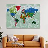 Detaylı ve Okyanuslu Eğitici İngilizce Dünya Haritası Dekoratif Kanvas Tablo, Duvar Dekoru 2553