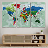 Detaylı ve Okyanuslu Eğitici İngilizce Dünya Haritası Dekoratif Kanvas Tablo, Duvar Dekoru 2553