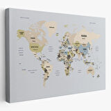 Detaylı Ülke Başkentli Eğitici İngilizce Dünya Haritası Dekoratif Kanvas Tablo, Duvar Dekoru 2597