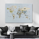 Detaylı Ülke Başkentli Eğitici İngilizce Dünya Haritası Dekoratif Kanvas Tablo, Duvar Dekoru 2597