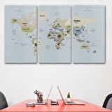 Detaylı Ülke Başkentli Eğitici İngilizce Dünya Haritası Dekoratif Kanvas Tablo, Duvar Dekoru 2597
