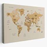 Detaylı Ülke Başkentli Eğitici Türkçe Dünya Haritası Dekoratif Kanvas Tablo, Duvar Dekoru 2618