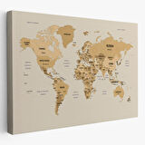 Detaylı Ülke Başkentli Eğitici İngilizce Dünya Haritası Dekoratif Kanvas Tablo, Duvar Dekoru 2619