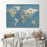 Detaylı Ülke Başkentli Okyanuslu Türkçe Dünya Haritası Dekoratif Kanvas Tablo, Duvar Dekoru 2742