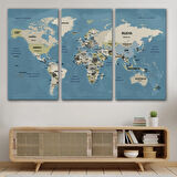 Detaylı Ülke Başkentli Okyanuslu Türkçe Dünya Haritası Dekoratif Kanvas Tablo, Duvar Dekoru 2742