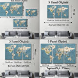 Detaylı Ülke Başkentli Okyanuslu Türkçe Dünya Haritası Dekoratif Kanvas Tablo, Duvar Dekoru 2742