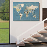 Detaylı Ülke Başkentli Okyanuslu Türkçe Dünya Haritası Dekoratif Kanvas Tablo, Duvar Dekoru 2742