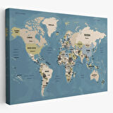Ülke Başkentli Okyanuslu İngilizce Dünya Haritası Dekoratif Kanvas Tablo, Duvar Dekoru 2743
