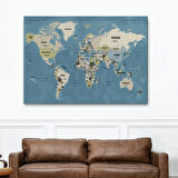 Ülke Başkentli Okyanuslu İngilizce Dünya Haritası Dekoratif Kanvas Tablo, Duvar Dekoru 2743