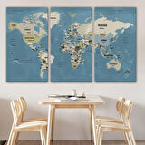 Ülke Başkentli Okyanuslu İngilizce Dünya Haritası Dekoratif Kanvas Tablo, Duvar Dekoru 2743